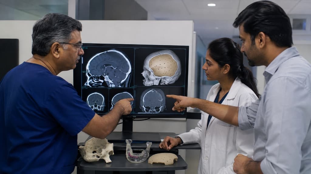 Surgeons and biomedical engineer analyzing DICOM CT scan and 3D cranial reconstruction