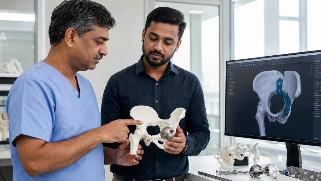 Surgeon and engineer evaluating 3D-printed complex hip model and custom implant