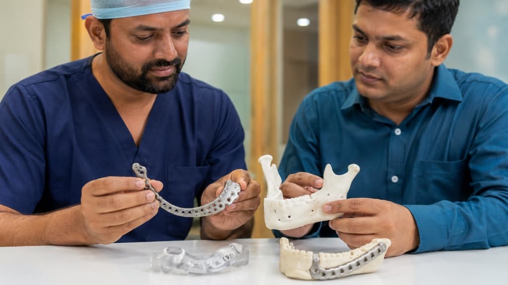 Surgeon and engineer verifying patient-matched mandible resection guide and titanium plate
