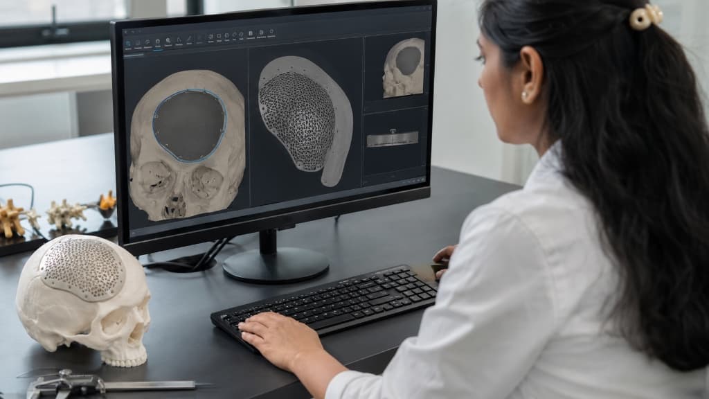 Biomedical engineer designing patient-specific cranial implant in CAD software