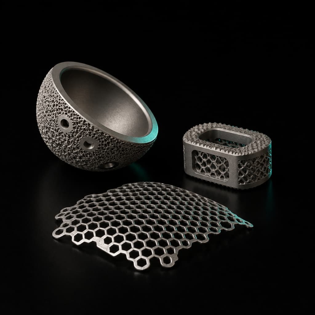 Porous titanium Ti-6Al-4V acetabular cup, spinal cage, and cranial mesh