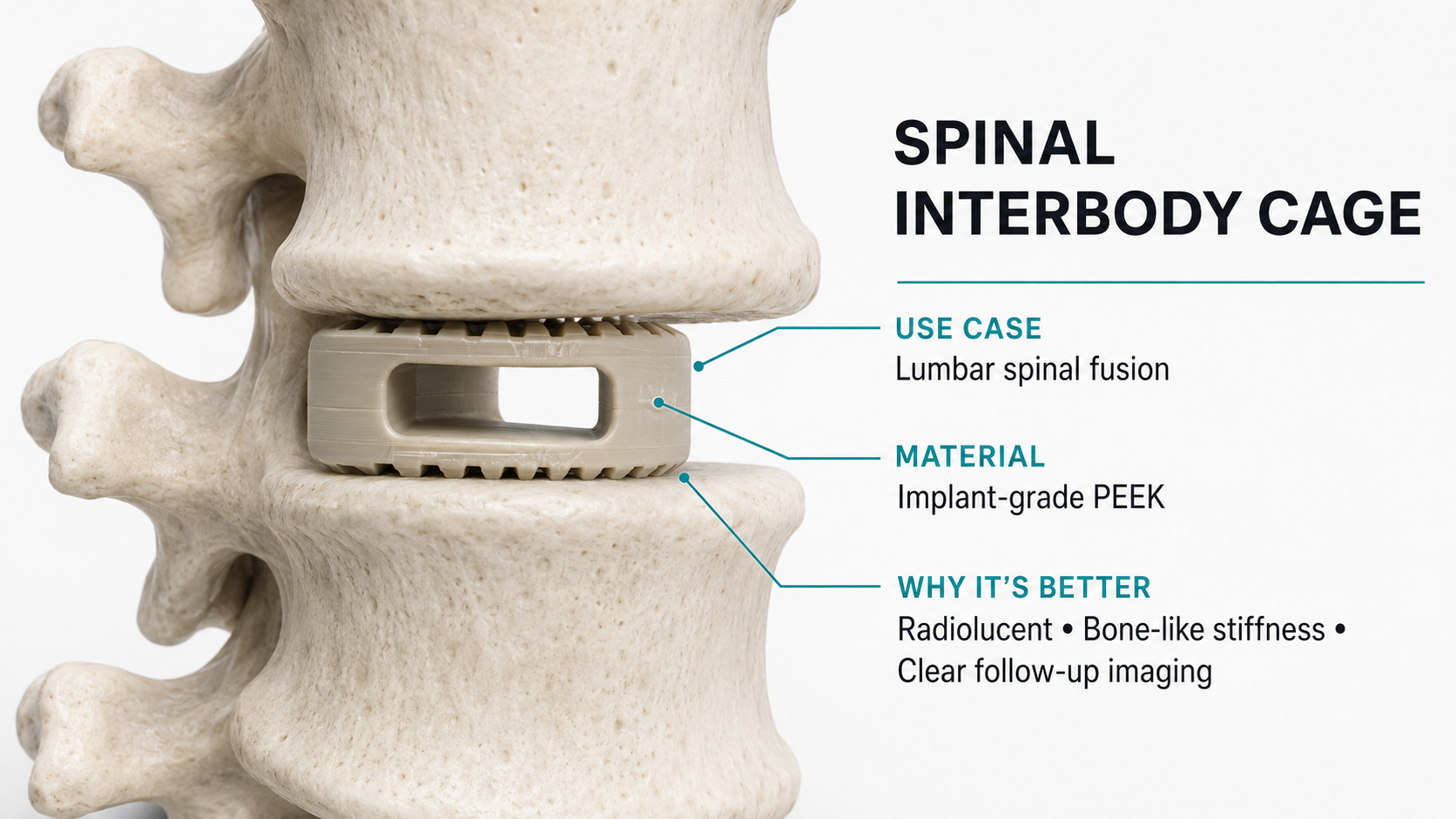Spinal Interbody Cage — Lumbar spinal fusion in Implant-grade PEEK