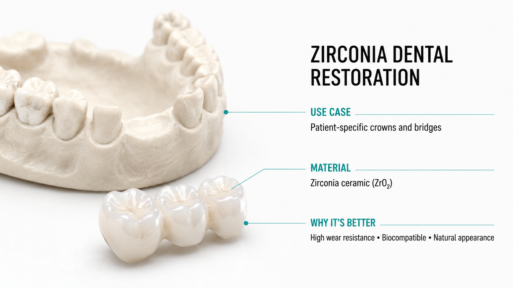 Zirconia Dental Restoration — Patient-specific crowns and bridges in Zirconia ceramic (ZrO₂)